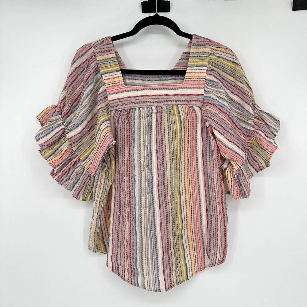 Beach Lunch Lounge Striped Colorful Rainbow Flutter Sleeve Blouse Top Whimsy XS